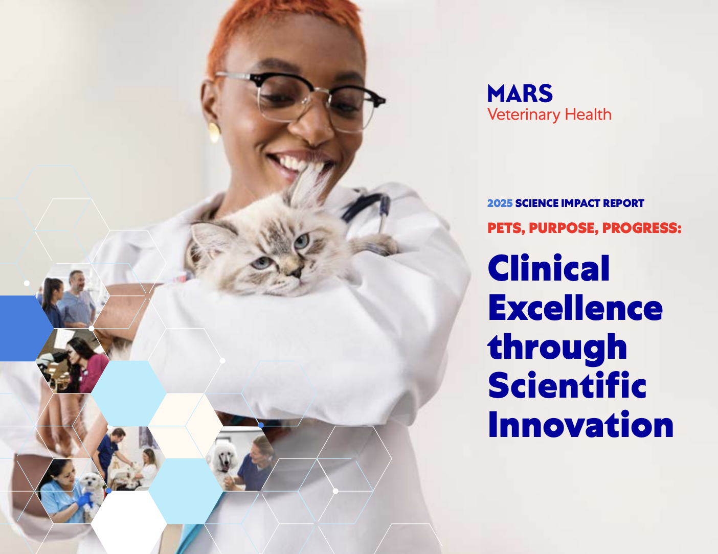 A vet smiles while holding a kitten on the cover of Mars Veterinary Health's Science Impact Report.